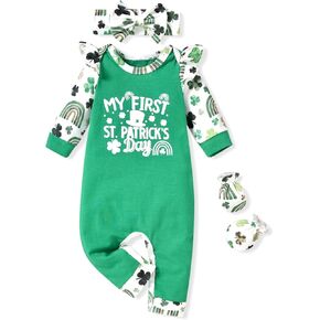 HINTINA Preemie Newborn Baby Girl First Saint Patrick's Day Outfits Romper Jumpsuit Gloves Headband 3Pcs Set