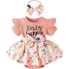 ZAXARRA Infant Baby Girl Romper Baby Ruffle Dress Romper Letter Bodysuit Spring Summer Festival Clothes with Headband (Pink, 6-12 Months)