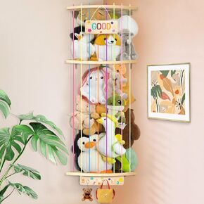 Stuffed Animal Storage Wood Plush Toys Hanging Organizer Length Adjustable Stuffed Animal Holder with Moon Star Pattern Kids Toy Shelf Large Toy Storage for Nursery Playroom Bedroom Furniture