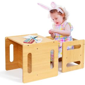 Kids Table and Chair Set, Montessori Weaning Table and Chair,Natural Bamboo Small Desk Chair,Toddler Activity Table and Chair Set for 1-3 Year Old Kids Dinner,Reading,Playing Toys, CPC Certified