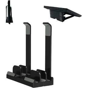 Vertical Laptop Stand for Desk, Dual Slots, Plastic, Adjustable, Space Saving 3-in-1 Design, Supports MacBook, Chromebook, Surface, Dell (Black)