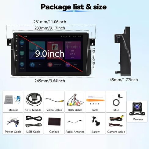 2+64G ستيريو سيارة أندرويد لسيارات BMW E46 3 Series 1999-2005 مع Carplay Android Auto Mirror Link 9 بوصة تعمل باللمس FM RDS HiFi Bluetooth WiFi GPS+Camera&MIC in Saudi Arabia