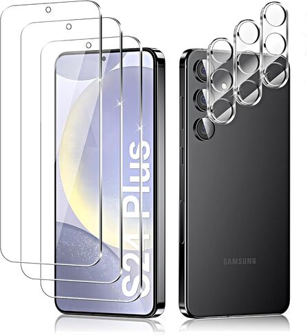 [3+3 Pack] Samsung Galaxy S24 Plus 5G Screen Protector, 3 Pack Shatterproof Premium Tempered Glass + 3 Pack Camera Lens Film, Fingerprint Support, 9H Hardness, Easy Installation in Saudi Arabia