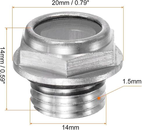 HARFINGTON 2pcs Air Compressor Oil Sight Glass 14 x 1.5mm Male Thread Liquid Level Gauge Aluminum Alloy Hex Head Oil Indicator Window with O-Ring for Air Compressor Gearbox Tanks, Silver in Kuwait