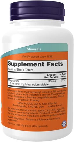 NOW Supplements, Magnesium Malate 1000 mg, Energy Production*, Nervous System Support*, 180 Tablets in Saudi Arabia