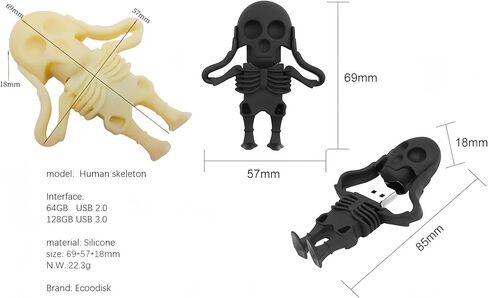 128GB USB 3.0 Flash Drive Cartoon Novelty Halloween Human Skeleton Memory Stick Silicone Rubber Pendrive Yellow, 128GB-halloween-skeleton-yellow3.0 in Kuwait