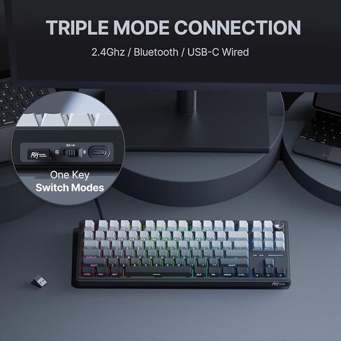 لوحة مفاتيح ميكانيكية لاسلكية RK ROYAL KLUDGE R87 Pro مع مقبض، لوحة مفاتيح ألعاب RGB بنسبة 75 بالمائة مع بلوتوث/2.4G/أوضاع سلكية، غطاء مفاتيح PBT مطبوع جانبيًا، QMK/VIA، مفتاح ماتشا خطي قابل للتبديل السريع in Kuwait