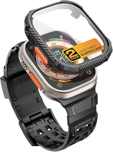 i-Blason Armorbox متوافق مع سوار ساعة Apple [49 ملم] لساعة Apple Watch Ultra، سوار ساعة TPU متين ومتين مع عبوتين من الصدمات [واقي شاشة زجاجي مقوى مدمج]، (أسود) in Kuwait
