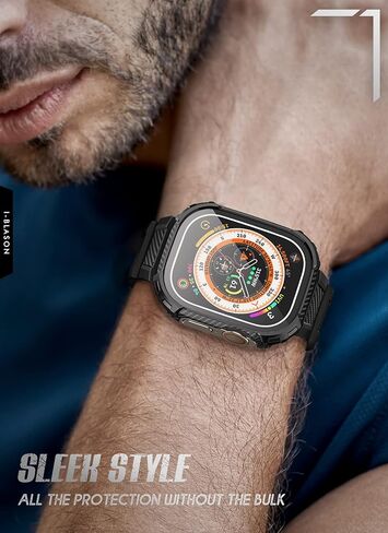i-Blason Armorbox متوافق مع سوار ساعة Apple [49 ملم] لساعة Apple Watch Ultra، سوار ساعة TPU متين ومتين مع عبوتين من الصدمات [واقي شاشة زجاجي مقوى مدمج]، (أسود) in Kuwait