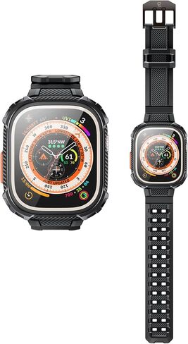 i-Blason Armorbox متوافق مع سوار ساعة Apple [49 ملم] لساعة Apple Watch Ultra، سوار ساعة TPU متين ومتين مع عبوتين من الصدمات [واقي شاشة زجاجي مقوى مدمج]، (أسود) in Kuwait