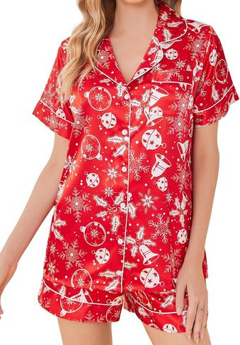 Ekouaer Womens Satin Silk Pajama Set Short Sleeve Button Up Top and Shorts Pjs Sleepwear 2 Piece Lounge Set,Small,Fl1-Green in Saudi Arabia