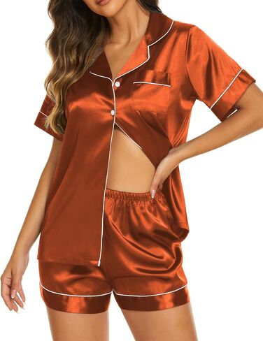 Ekouaer Womens Satin Silk Pajama Set Short Sleeve Button Up Top and Shorts Pjs Sleepwear 2 Piece Lounge Set,Small,Fl1-Green in Saudi Arabia