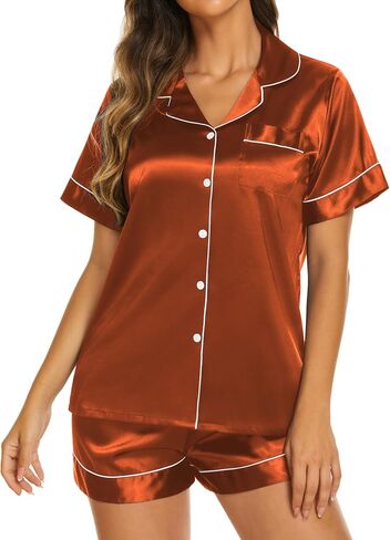 Ekouaer Womens Satin Silk Pajama Set Short Sleeve Button Up Top and Shorts Pjs Sleepwear 2 Piece Lounge Set,Small,Fl1-Green in Saudi Arabia