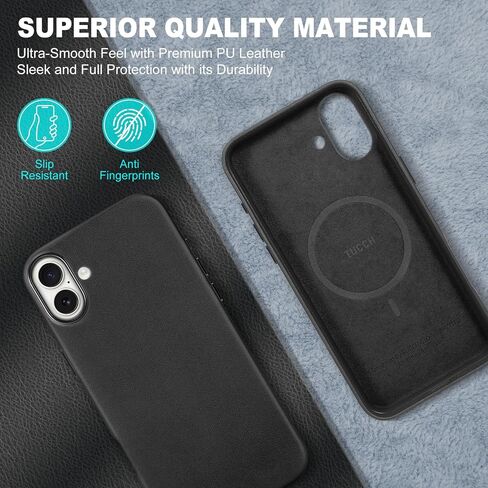 TUCCH Case for iPhone 16 Pro, [Magnetic Wireless Charging] Anti-Slip PU Leather Shockproof Case, Slim Anti-Fingerprint Lightweight Protective Back Cover Compatible with iPhone 16 Pro 6.3", Black in Saudi Arabia