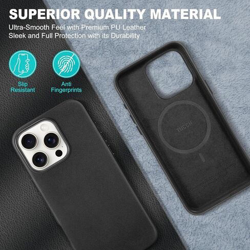 TUCCH Case for iPhone 16 Pro, [Magnetic Wireless Charging] Anti-Slip PU Leather Shockproof Case, Slim Anti-Fingerprint Lightweight Protective Back Cover Compatible with iPhone 16 Pro 6.3", Black in Saudi Arabia