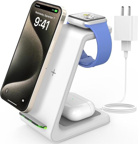 JoyGeek Wireless Charging Station, Wireless Charging Stand, 3 in 1 Charging Station for Apple iPhone 15/14/13/12/11/SE/X/8 Series, iWatch 8/SE/7/6/5/4/3, AirPods Pro 2/Pro/3/2, Woodgrain Color in Saudi Arabia