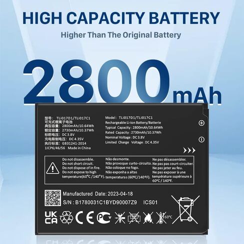 بطارية SHENMZ TLi017D1، بطارية ليثيوم بوليمر بديلة مطورة [2800 مللي أمبير في الساعة] عالية السعة قابلة للتطبيق على TCL Flip Pro VZW-TCL-4056W TLi017D1/TLi017C1 in Kuwait