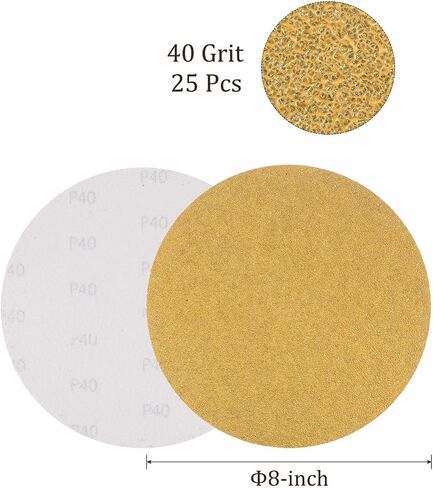25pcs No Hole Sanding Discs- [ 8 Inch 40 Grit ] Round Hook and Loop Grip Sanding Pads Sheet Sandpaper for Automotive Woodworking Metal Polishing Use| Gold, Aluminum Oxide in Saudi Arabia