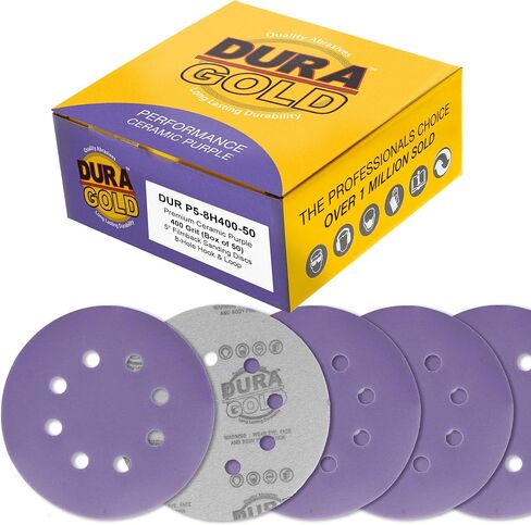 Dura-Gold Premium 400 Grit 5" Purple Film Ceramic Sanding Discs, 8-Hole Pattern, Box of 50 - Dustless Hook & Loop Backing Sandpaper for DA & Random Orbital Sanders - Sand Auto Paint, Wood, Woodworking in Kuwait