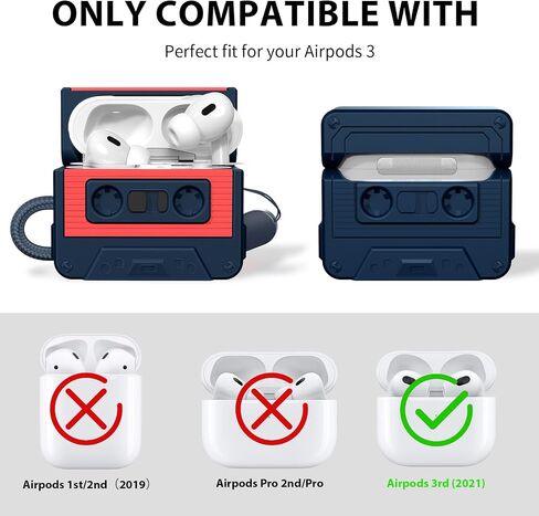 Compatible with Airpods 3rd Generation Case, Soft Silicone Cassette Tape Air Pods 3 Case Full Shock-Absorbing Protection with Lanyard & Cleaner Pen, Bule in Saudi Arabia