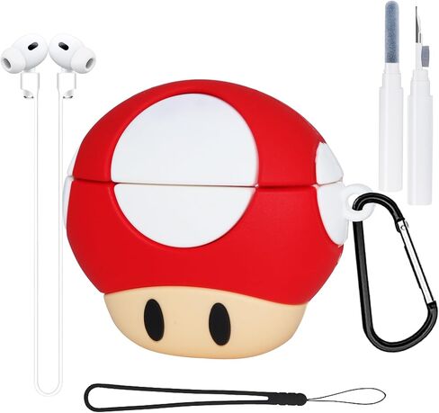 حافظة فطر لطيفة لـ AirPods Pro (الجيل الثاني/الأول) - حافظة سيليكون كرتونية مضحكة ثلاثية الأبعاد من السيليكون لحافظة AirPods Pro 5 في 1 مجموعة قلم تنظيف وحزام معصم للنساء والرجال هدية رؤوس فطر حمراء in Saudi Arabia