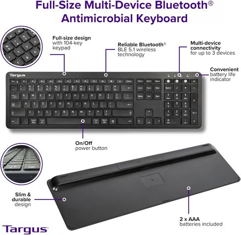 Targus Full-Size Multi-Device Bluetooth Keyboard – 104-Key QWERTY Layout, Connect Up to 3 Devices, Compatible with Chrome OS, Windows, macOS, iOS, and Android (AKB864US) in Saudi Arabia