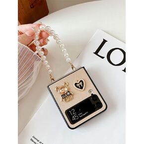 Cute Cartoon Case for Samsung Galaxy Z Flip 6 with Pearl Strap, Fashion Women Case for Z Flip 6 with Metal Bling Bear and Love, Girly Wristband Case Girly Case for Z Flip 6 -White