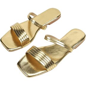 GORGLITTER Women's Metallic Flat Sandals Open Square Toe Dressy Slide Sandals Slides Gold 5.5