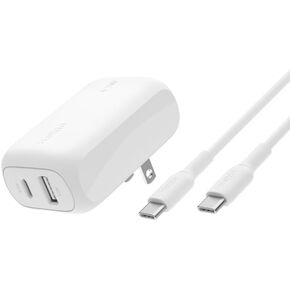Belkin BoostCharge 42W Dual Port Wall Charger, USB-C + USB-A Charger Fast Charging for iPhone 15, 14, & 13 Series, Galaxy S24 Series, iPad, AirPods & More - USB-C to USB-C Cable Included - White