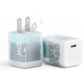 CUKTECH 30W GaN Mini Charger, 2 Pack USB C Fast Charger, Foldable Plug Wall Charger,PD 3.0/ PPS Protocol, GaN III Power Adapter for iPhone15/14/13/12,Galaxy S24, Pixel, iPad, and More-Transparent