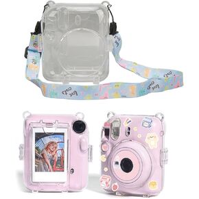 Yoidesu Protective Camera Case for Fujifilm Mini 12, Clear PC Hard Case with Photo Storage Compartment, Shoulder Strap, Sticker, Instant Camera Protective Cover (Milk Cow)