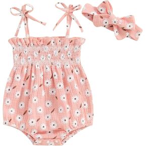 Newborn Baby Girls Strap Sleeveless Romper Floral Sling Bodysuit Jumpsuit with Headband Summer Outfits Clothes
