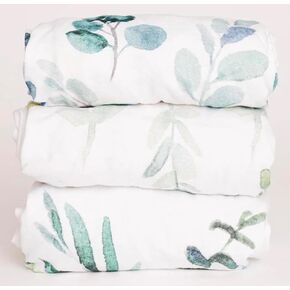 Bassinet Sheets 3 Pack Set 100% Oeko-TEX Cotton Baby Girl/Boy - Gender Neutral Leaves Floral Eucalyptus Greenery Cradle/Moses Basket Hourglass Oval Rectangle Mattress (Leafy Border)