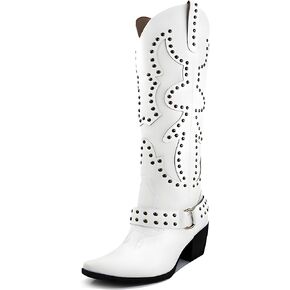 Women's Cowboy Boots Cowgirl Knee High Boots Wide Calf Western Boots Pointed Toe Studded Fashion Thigh High Boots
