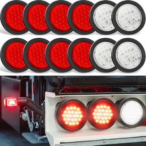 Retisee 12 Pcs 4 Inch Round Trailer Lights 24 LED Trailer Marker Lights 12V Red LED Brake Turn Reverse Signal Tail Lights with Waterproof Rubber Gaskets for Boat Trailer Truck RV