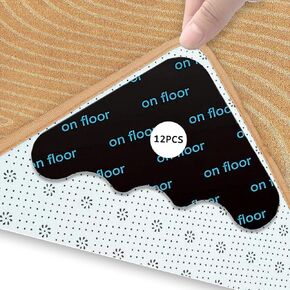 DVKKHD 12 PCS Carpet Tape Double Sided, Rug Gripper for Hardwood Tile Laminate Floors, Traceless Rug Tape, Non Slip Rug Pad Grips, Washable Carpet Corner Grippers, Reusable Area Rugs Stickers, Black