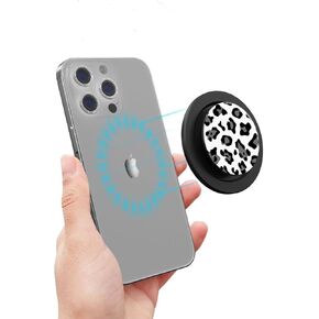 Adjustable Magnetic Phone Grip Compatible with MagSafe, Adapter Ring for Magnetic Included, Phone Holder, Wireless Charging Compatible - Black and White Leopard Print