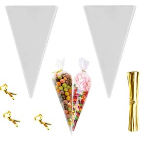 FUNNYARD Cone Bag 100PCS Mini Clear Cello Treat Bags Popcorn Bags 5.1 by 9.8 Inch Triangle Cellophane Bags with Twist Ties for Candies Handmade Cookies Wedding Birthday Pop Gift Candy Buffet Supplies