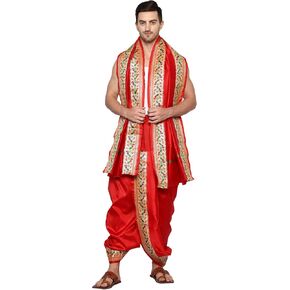 فستان زفاف هندي من أقمشة راميشوارام بحدود الطاووس Dhoti للرجال، جاهز للارتداء مخيط Dhoti مع سرق in Kuwait