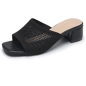 KCTRFSJ Women's Knit Mesh Slip On Block Heeled Mule Sandals Fashion Square Toe Comfort Casual Beach Low Chunky Heels Open Toe Walking Slide Sandals