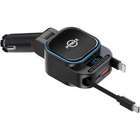 4-in-1 Retractable Car Charger - 96W Fast Car Phone Charger with Dual Retractable Cables (USB-C & iOS) and USB Ports, Compatible with iPhone 16/15/14/13, iPad Pro, S24/23/22, Pixel 9/8/7