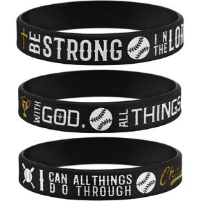 Sainstone Power of Faith Baseball Bible Verse Silicone Wristbands with Christian Inspirational Sayings, Set 3 of Scriptures Motivational Rubber Bracelets Sports Gifts1 (Black Golden)
