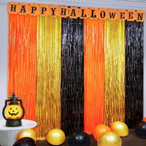 2 Pack Black and Orange Tinsel Foil Fringe Curtains, Halloween Party Photo Backdrop Streamers Backdrop for Birthday Anniversary Party Halloween Party Decoration