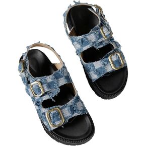 Verdusa Women's Buckle Denim Flatform Sandals Open Toe Slide Sandals Summer Shoes