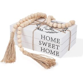Decorative Books for Home Decor, Faux Books for Decoration, Rustic Farmhouse Decor, Fake Books with 52in Wood Beads Garland, Book Decor for Living Room Coffee Table (OUR LIFE, OUR STORY, OUR HOME)