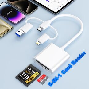 5-in-1 Multi Memory Card Reader-USB C Lightning USB3.0 Multi Card Reader for SD Card/TF Card, SD Card Reader Adapter for iPhone/iPad/MacBook/Samsung/PC Memory Stick Pro Duo Adapter Plug and Play