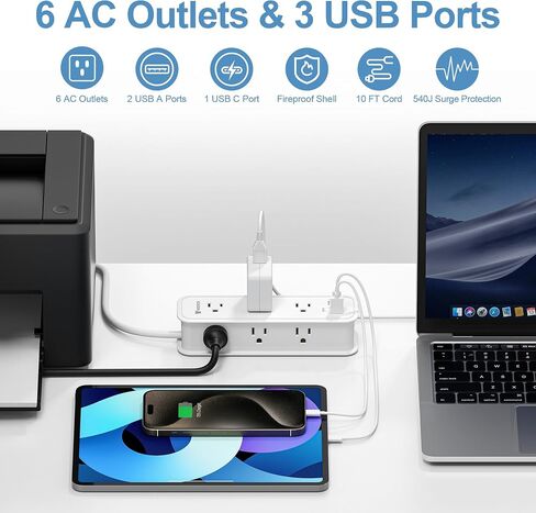 شريط طاقة واقي من زيادة التيار بطول 10 أقدام - سلك تمديد مع 6 منافذ و3 منافذ شحن USB (1 PD 20W USB-C)، ومحطة شحن USB متعددة المنافذ للمكتب المنزلي ETL in Saudi Arabia