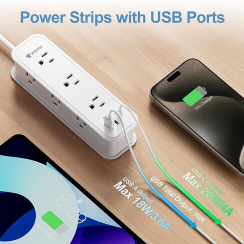 شريط طاقة واقي من زيادة التيار بطول 10 أقدام - سلك تمديد مع 6 منافذ و3 منافذ شحن USB (1 PD 20W USB-C)، ومحطة شحن USB متعددة المنافذ للمكتب المنزلي ETL in Saudi Arabia