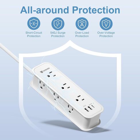 شريط طاقة واقي من زيادة التيار بطول 10 أقدام - سلك تمديد مع 6 منافذ و3 منافذ شحن USB (1 PD 20W USB-C)، ومحطة شحن USB متعددة المنافذ للمكتب المنزلي ETL in Saudi Arabia