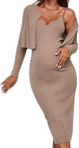 Verdusa Women's Maternity 2 Pieces V Neck Long Cami Dress and Long Sleeve Cardigan Black L in Saudi Arabia